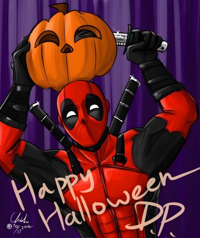 a cartoon deadpool with a pumpkin on top of his head and the words happy halloween dp Deadpool Halloween Pumpkin Carving Ideas Deadpool, Deadpool Pumpkin Paint, Happy Thanksgiving Deadpool, black