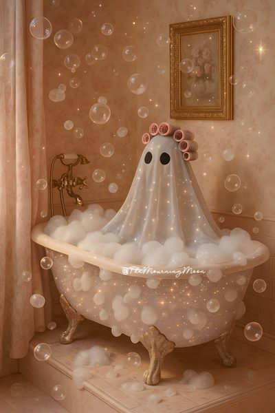a bathtub filled with bubbles in a bathroom Halloween Bathroom Spooky Pics Aesthetic, Halloween Cute Aesthetic, Cute Ghosts Aesthetic, sienna