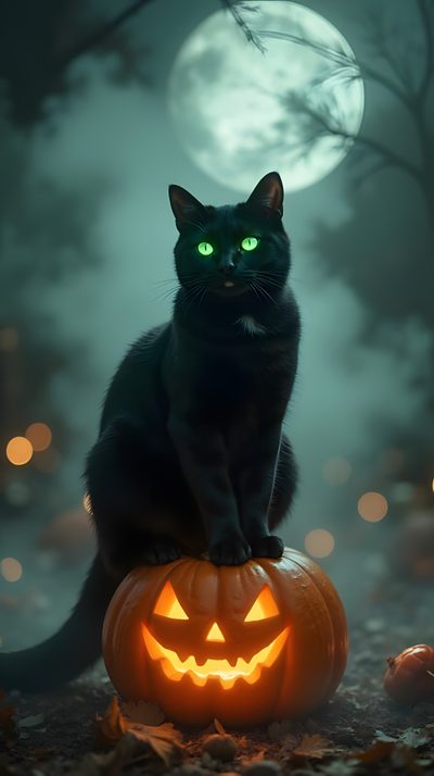 a black cat sitting on top of a jack o lantern pumpkin in front of a full moon Free Halloween Cat Halloween Cat Screensaver, Black Cat With Pumpkin, Halloween Black Cat Background, dark slate gray