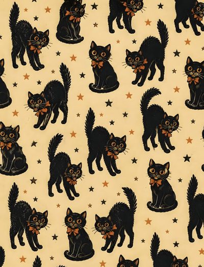 black cats with bow ties and stars on a cream background, all in different sizes Cute Retro Style Halloween Black Cats Mixed Media Art Canvas, Halloween Digital Art, Halloween, burlywood