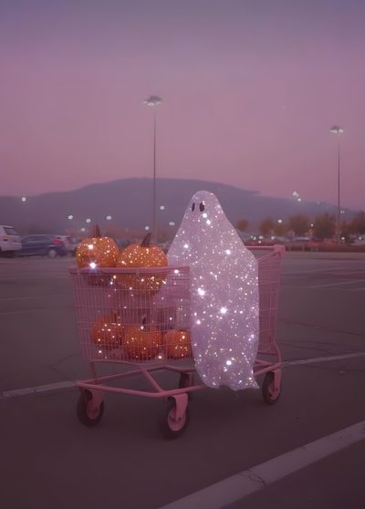 a shopping cart filled with oranges sitting on top of a parking lot at night Cute Glitter Halloween Halloween Backgrounds, Glitter Photography, Halloween Cute, Halloween Iphone, dim gray