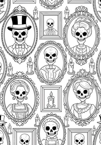 a black and white pattern with skulls in frames Halloween Family Cameos Halloween Coloring Patterns, Creepy Coloring Pages, Spooky Colouring Pages, white