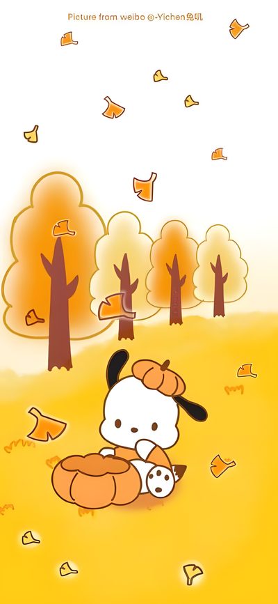 a cartoon dog is sitting in the grass Pochacco Halloween Fall Theme Hello Kitty, Fall Pochacco, Pochacco Fall, Fall Sanrio, khaki