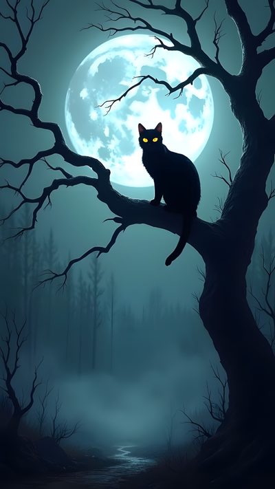 a black cat sitting on top of a tree branch in front of a full moon Black Cat Halloween Cute Halloween Drawings, Black Cat Halloween Drawing, Skeleton Artwork, dark slate gray