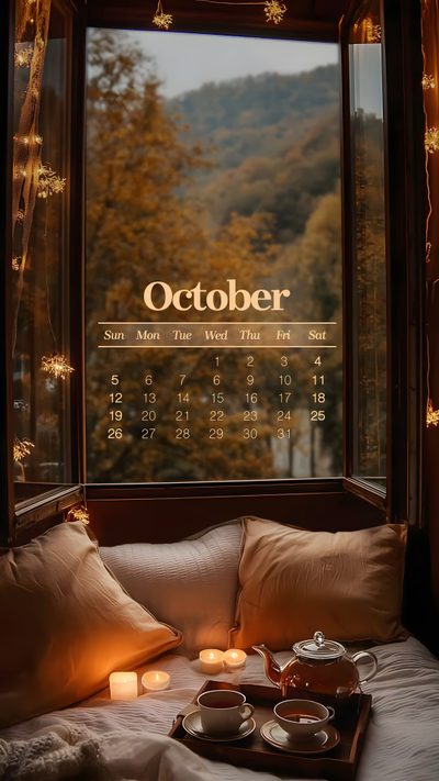 an image of a window with candles and tea set on the bed in front of it October 2025 Calendar Halloween Fall Calendar, October 2025, October 2024, October 2024 Iphone, saddle brown