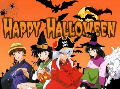 happy halloween anime with witches and bats in the background, all dressed up for halloween Inuyasha Halloween Inuyasha Witch, Halloween, Inuyasha, chocolate