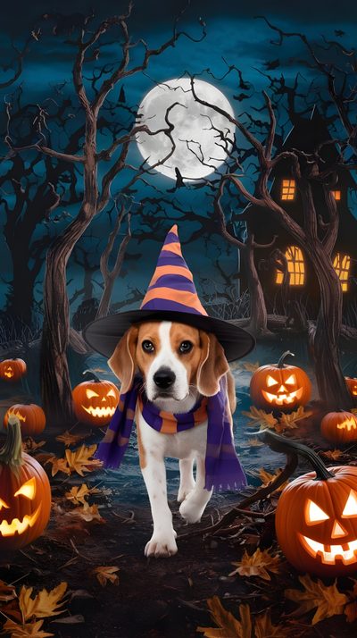 a dog wearing a witches hat and scarf in front of pumpkins with jack - o'- lanterns Cute Beagle Halloween Beagle Fall, Autumn Beagle, Beagle Autumn Background, dark slate gray