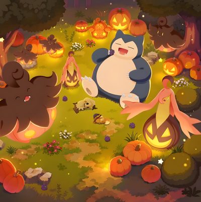 an animated cat sitting on the ground surrounded by pumpkins Halloween Snorlax Legend Of Zelda, Halloween, Pokemon Backgrounds, Youtubers, Slowpoke Halloween, sienna