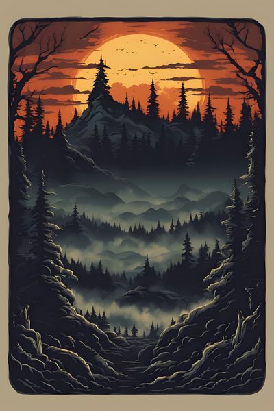 an image of a mountain landscape with trees and fog in the foreground at sunset Halloween Mountain Halloween Yard Signs, Outdoor Living Furniture, Halloween Yard, dark slate gray