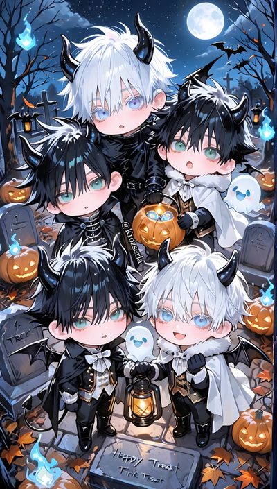 some anime characters are dressed up in costumes and holding pumpkins at the same time Jujustu Kaisen Halloween 4k Jujutsu, Black, Anime Drawings, Anime Guys, Drawings, Manga, dim gray