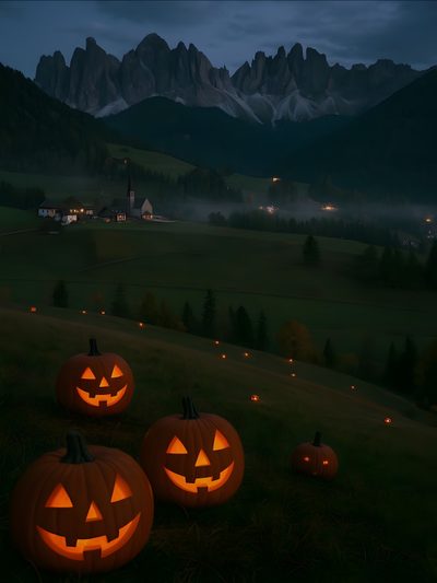 three carved pumpkins sitting on top of a grass covered field at night with mountains in the background Halloween Mountain Halloween Nature, Halloween Forest Aesthetic, Halloween Aesthetic Landscape, black