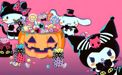 an image of halloween cats and pumpkins with candy in the bowl on pink background Cute Halloween Gif Hello Kitty Halloween, Halloween Desktop, Halloween Iphone Backgrounds, pale violet red