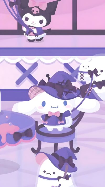 two cartoon characters are playing with each other Cinnamoroll Halloween Gif Cinnamoroll Halloween, Kuromi Cinnamoroll, Spooky Sanrio, Halloween Kuromi, thistle