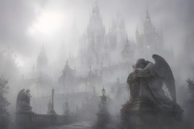 an angel statue sitting on top of a stone bench in front of a gothic castle Gothic Halloween All Gray Grey By Angel Art Composition, Angel Background, Chrome, Tablet,
