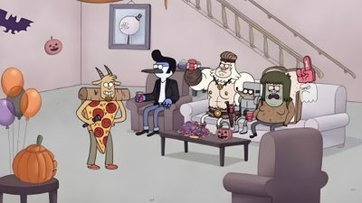 cartoon characters are sitting on couches in a living room with balloons and pumpkins Regular Show Halloween Regular Show, Adventure Time Anime, Princess Bubblegum, silver
