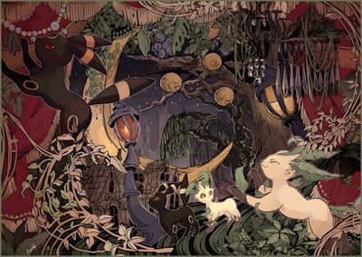 an image of a woman surrounded by animals and other things in the forest with trees Leafeon Halloween Umbreon Pmd, Dark Academia Pokemon, Victorian Pokemon, Pokemon Woods, dark olive green
