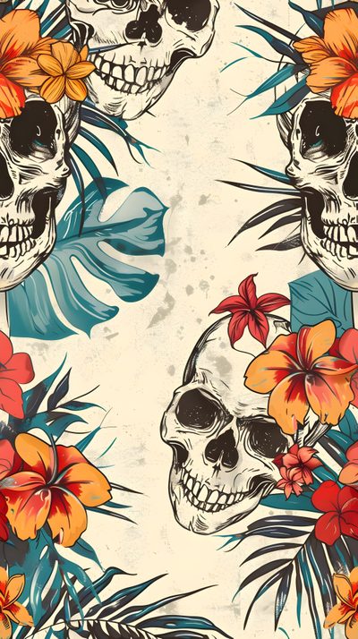 two skulls with flowers and leaves on a white background seamless wallpaper or fabric Halloween Tropical Catrina Pattern, Beach Halloween, Summer Skull, Screensavers And, Summer Ween, burlywood