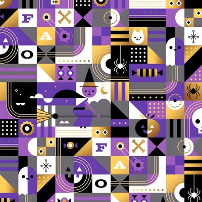an abstract pattern in purple, yellow and black with various objects on it's surface Geometric Halloween Halloween Pattern Graphic Products, Halloween Pattern Design, Geometric Halloween, dim gray