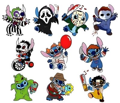the cartoon characters are all dressed up for halloween Stitch Halloween Ghostface Stitch Halloween Tattoo Ideas, Halloween Stitch Tattoo Ideas, Stitch Horror Characters, white