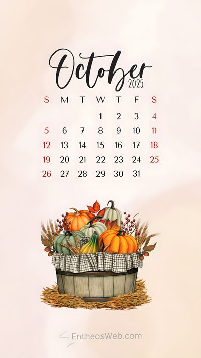 an october calendar with pumpkins and gourds in a basket on the cover October 2025 Calendar Halloween October Iphone, October Calendar For Cake, October 2019 Calendar With Autumn Mountains, linen