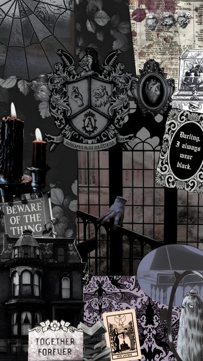 a collage of halloween images including an umbrella, books, and other things in black and white Halloween Addams Family Adam Family, Addams Family Background Images, Addams Family 1991, dark slate gray