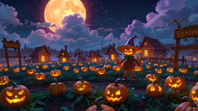 an animated halloween scene with pumpkins and jack - o'- lanterns in the foreground Halloween Pumpkin Patch Halloween Night Background, Halloween Town Background, Halloween Scene Background, dark slate gray
