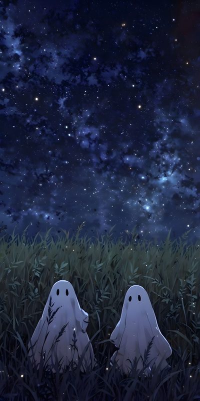 two ghost heads sitting in the grass under a night sky filled with stars and clouds Halloween Ghost For Bedroom Matching Halloween, Ghost Iphone, Ghost Phone Aesthetic, Spooky, midnight blue