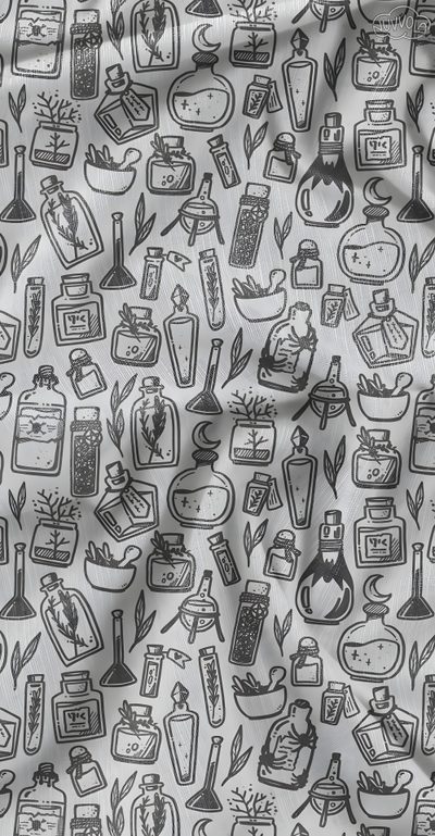 a black and white photo of kitchen utensils on a tablecloth with an image of cooking utensils in the background Halloween Magic Potions Light Greysmall Potion Pattern, Love Potion Fabric, Magic Potion Fabric, dark gray