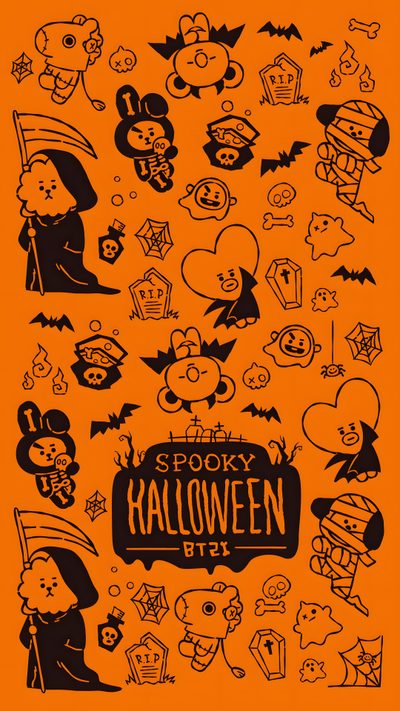 the spooky halloween stickers are on an orange background Bt21 Halloween K Pop Halloween, Bt21 Pumpkin Painting, Bt21 Fall, Bt21 Thanksgiving, dark orange