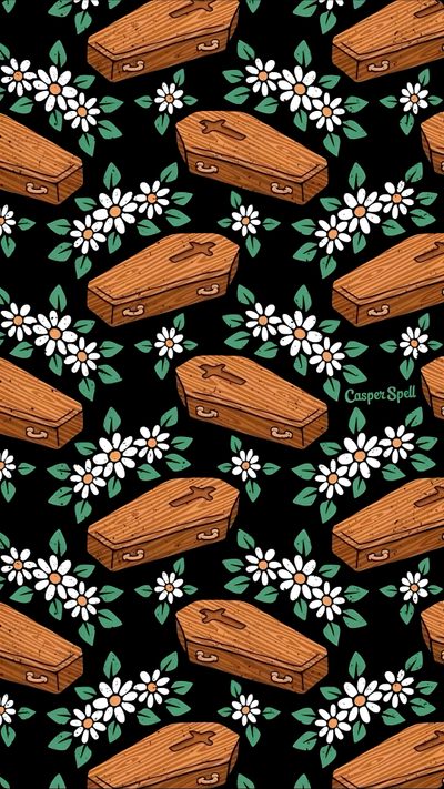 an image of a pattern with flowers and wooden planks on black background for wallpaper Cute Halloween Coffin Cute Coffin, Cute Halloween Coffin, Cute Halloween Phone, Cute Halloween, black