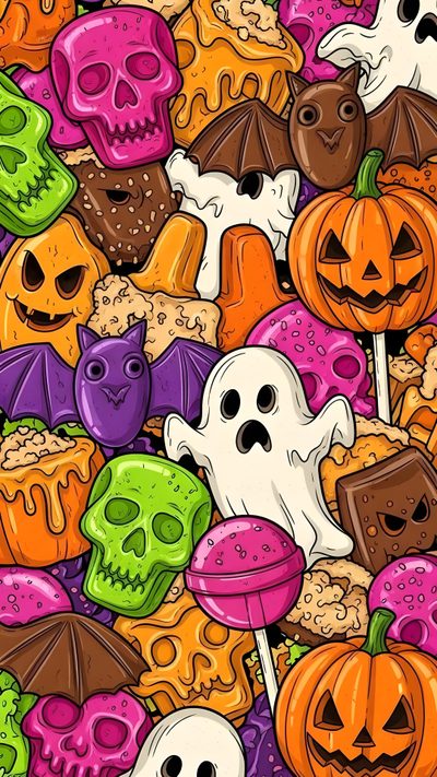 an image of halloween treats with skulls and pumpkins on the side, all in different colors Halloween Candy Design Halloween Slime, Halloween Candy Background Images, Bright Halloween, sienna