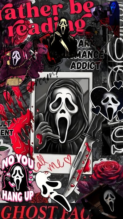 a bunch of stickers that are all over the place Y2k Halloween Scream Classic Horror Movies Posters, Halloween Iphone Backgrounds, Scary Movie Characters, dark slate gray