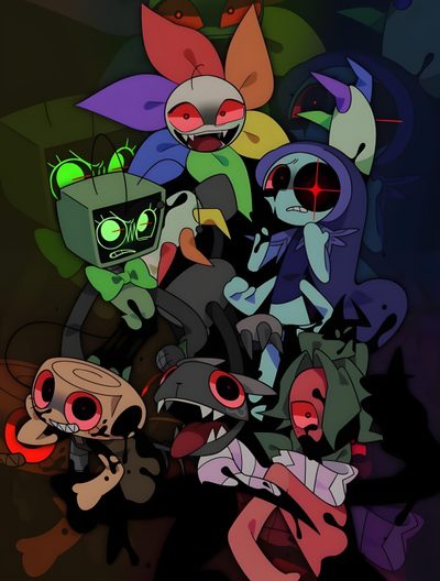 an image of some cartoon characters on a dark background Halloween Dandys World Dandys World Characters Twisted Fanart, Fanart Dandys World Fanart, Dandys World Characters Fanart Cosmo, black