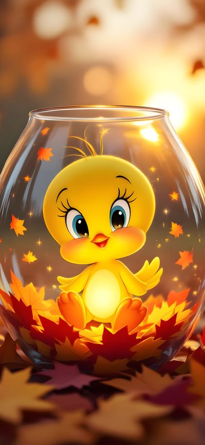a glass bowl with a little yellow bird in it's center surrounded by leaves Tweety Bird Halloween Iphone Tweety, Halloween, sienna
