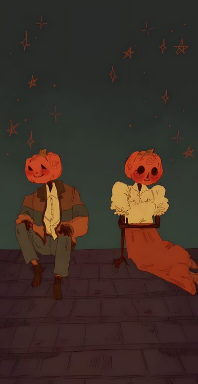 two pumpkins sitting on top of each other in front of a night sky with stars Halloween Love Halloween Costume Inspiration, Halloween Illustration Art, Pumpkin-headed Characters Under Stars, dark slate gray