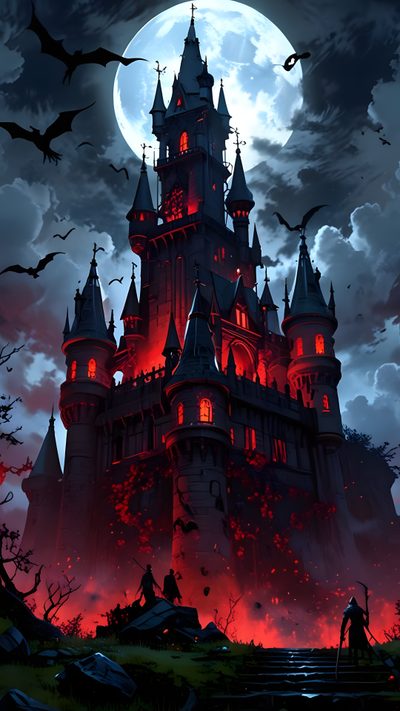 an image of a castle at night with bats Dracula Halloween Gothic Castle Aesthetic, Halloween Live, Vampire Castle, Spooky Castles, dark slate gray