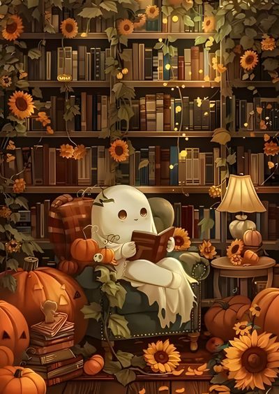 a painting of a ghost reading a book surrounded by pumpkins and bookshelves Halloween Reading Whimsical Fall, Halloween Cute, Fall Animated, Halloween Artwork, saddle brown