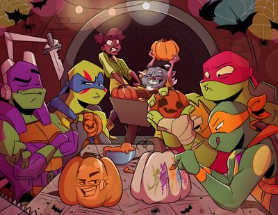 teenage mutant ninjas are sitting around a table with pumpkins and jack - o'- lanterns Tmnt Halloween Tmnt Group Photo, Tmnt Jack O Lantern, Tmnt 2003 Halloween, Tmnt Pumpkin Ideas, saddle brown