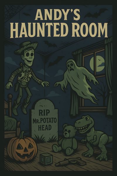andy's halloween themed room is featured in the book, and it looks like they are Toy Story Halloween Toy Story Of Terror Poster, Toy Story Horror Poster, Pixar Halloween, dark slate gray
