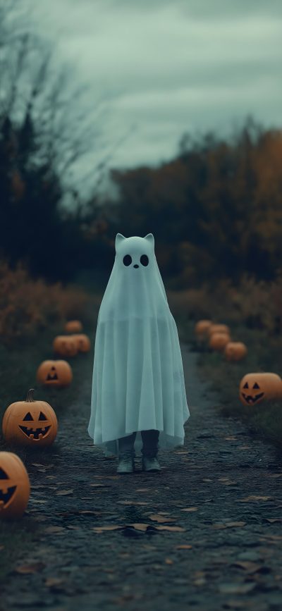 a person in a ghost costume walking down a road with pumpkins Halloween Costumes Halloween Ghost Aesthetic, Halloween Portrait, Halloween Aesthetic Ghost, dark slate gray