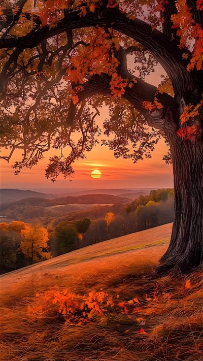 the sun is setting behind a tree on top of a hill with fall foliage in front of it Halloween Sunrise Fall Sunrise Pictures, Autumn Sunrise, Beautiful Fall Sunset, saddle brown