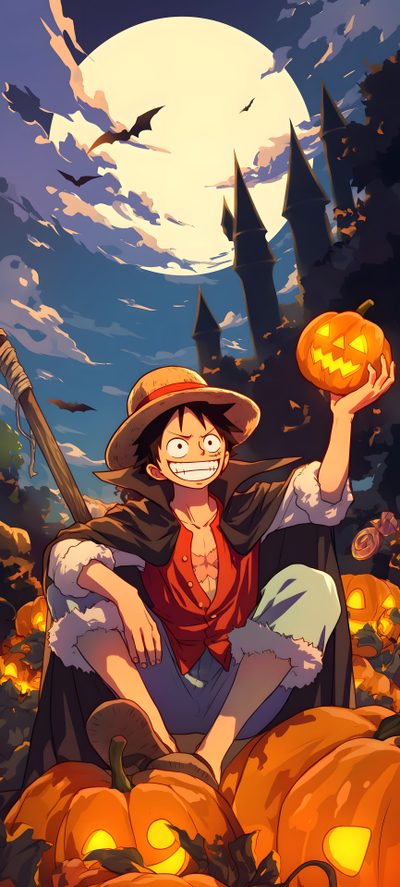an anime character sitting on top of pumpkins Luffy Halloween One Piece Fall, One Piece Pumpkin, Luffy Pumpkin, Zorro And Luffy, dark olive green