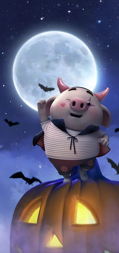 a pig sitting on top of a pumpkin in front of a full moon and bats Halloween Pig Piggie Pumpkin Character, Pig In Hello Kitty Costume, Cute Halloween Panda, dim gray