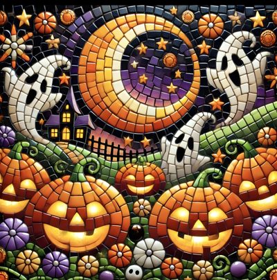 a mosaic painting with pumpkins and ghost faces Halloween Celtic Tiles Custom Halloween Tile Background, Color, Halloween, Home Décor, saddle brown