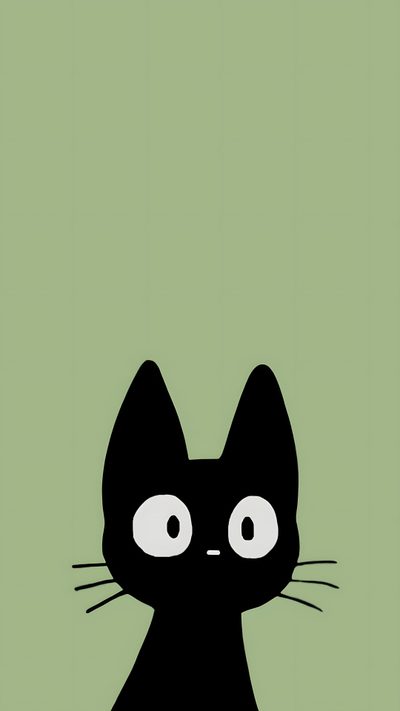 a black cat with big eyes on a green background Halloween Black Cat Green Walpaper Verde, Sage Green Cute, Green Poster Ideas,