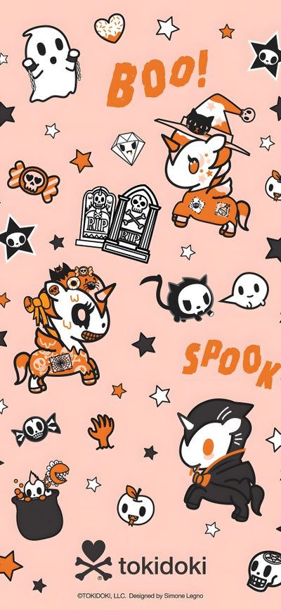an image of halloween stickers on the back of a pink background with black and white cats Tokidoki Halloween Cutesy Halloween, Halloween Sanrio Desktop, Tokidoki Iphone, peach puff