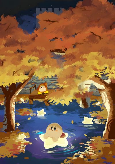an image of a duck floating in the water next to trees and people on a boat Kirby Halloween Iphone Kirby Art, Kirby Fall, Kirby Thanksgiving, Fall Kirby, Orange Kirby, sienna