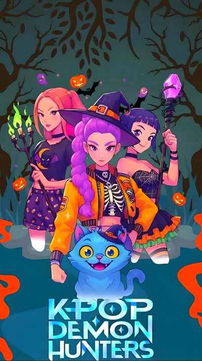 the poster for kpop demon hunters, which is featured in an animated video game Halloween Kpop Demon Hunters Hunter Movie, Demon Hunter, Halloween, dark slate gray