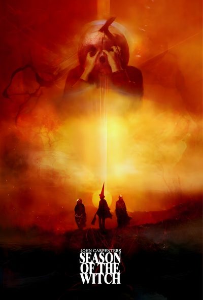 the poster for season of the witch, which features two people on horseback in front of an orange and red sky Halloween 3 Season Of The Witch Halloween 3 Season Of The Witch Tattoo, Halloween Iii Season Of The Witch Movie Poster, Halloween 3 Season Of The Witch Art, dark red