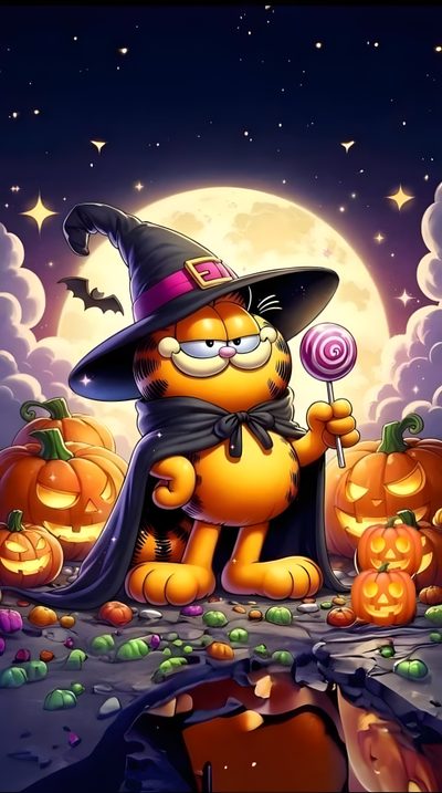 an orange cat wearing a witches hat and holding a lollipop in front of pumpkins Garfield Halloween Garfield October, Garfield Thanksgiving, Fall Garfield, dark slate gray